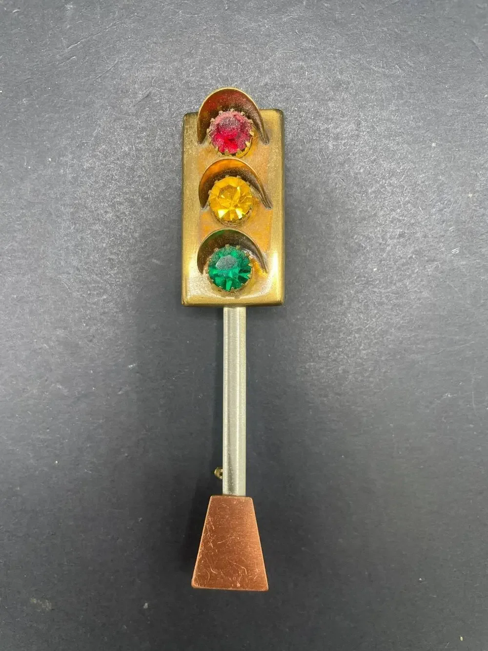 Vintage Traffic Light Stoplight Rhinestone Brooch Pin Gold Tone Red Yellow Green